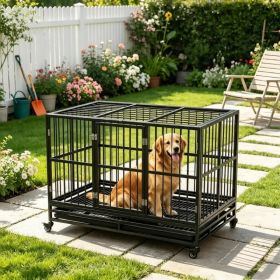 48" Heavy Duty Metal Dog Crate Kennel with Lockable Wheels Double Door Removable Tray Gray (Option: default title)