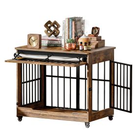 38" Dog Crate Furniture, Double Door Wooden Indoor Dog Kennel Furniture, Size L (Color: RUSTIC-BROWN)