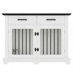 44.48" Large Dog Crate Furniture, Indoor Wooden Dog Kennel End Table with 2 Storage Drawers and Rotating Bowls (title: default title)