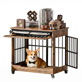 32" Dog Crate Furniture, Double Door Wooden Indoor Dog Kennel Furniture (Color: RUSTIC-BROWN)