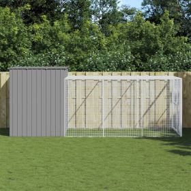 Dog House with Run Light Gray 84.3"x179.9"x71.3" Galvanized Steel (Color: Gray)